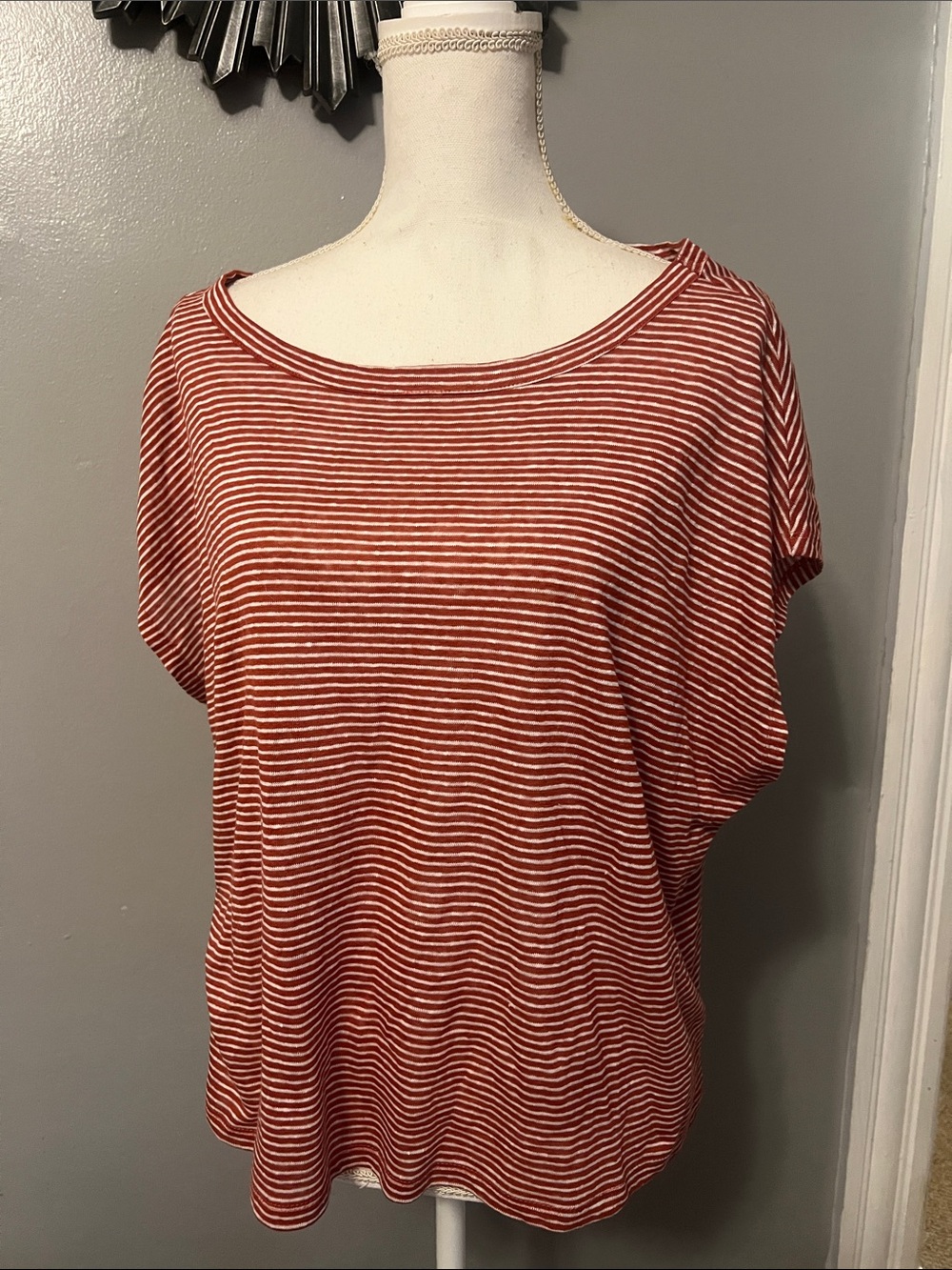 Tahari - Women’s Red-White Striped Linen Short Sleeve Top